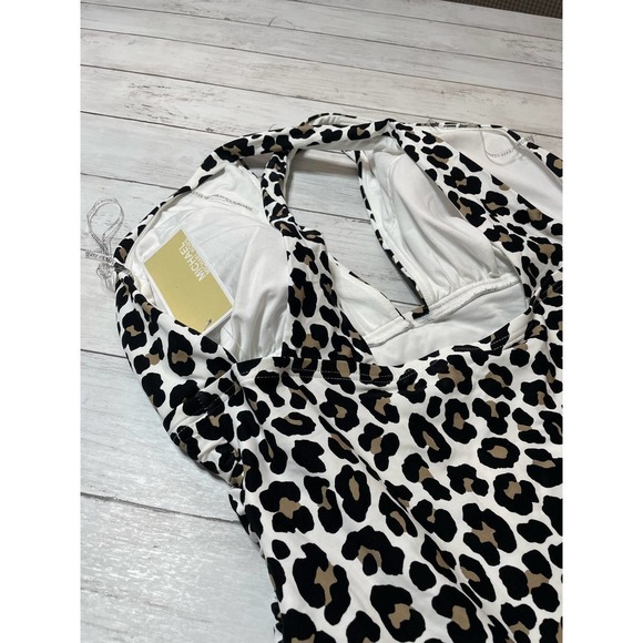 MICHAEL Kors Plus Size Shirred Cross Front One Piece Swimsuit Leopard 18W - Picture 8 of 11